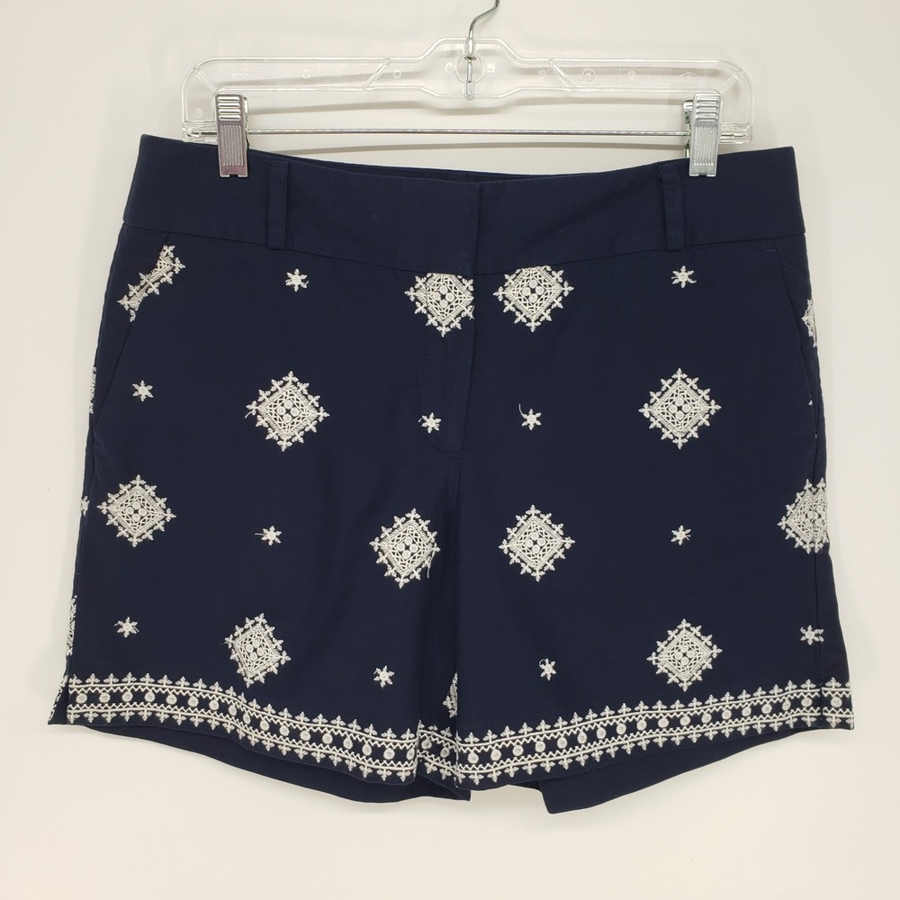 LOFT Riviera Embroidered Diamond Shorts Women Size 8 Navy Blue Cotton Boho Chic